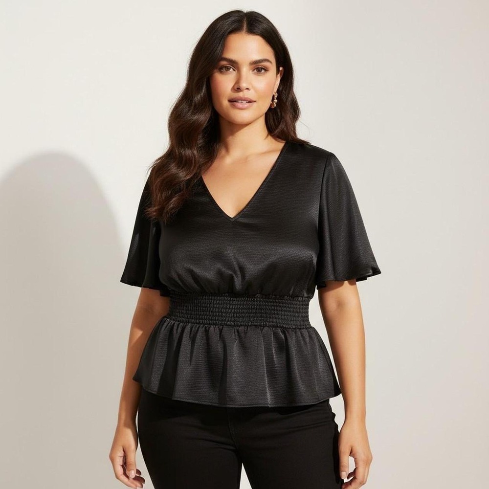 Peplum Flutter- Sleeve Glam Metallic Liquid Shine Express Top